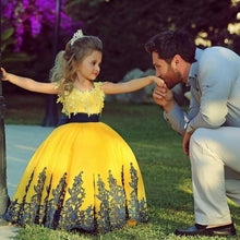 Load image into Gallery viewer, Lace Yellow Cute Flower Girl Dress Pageant Dresses for Girls Little Princess Glitz Ball Gown with Black Sash
